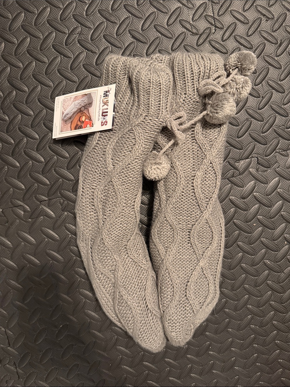 Muk Luks Women's Cable Knit Pom Pom Slipper Socks in Light Gray